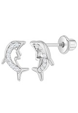 outstanding nautical clear cz dolphin silver baby earrings